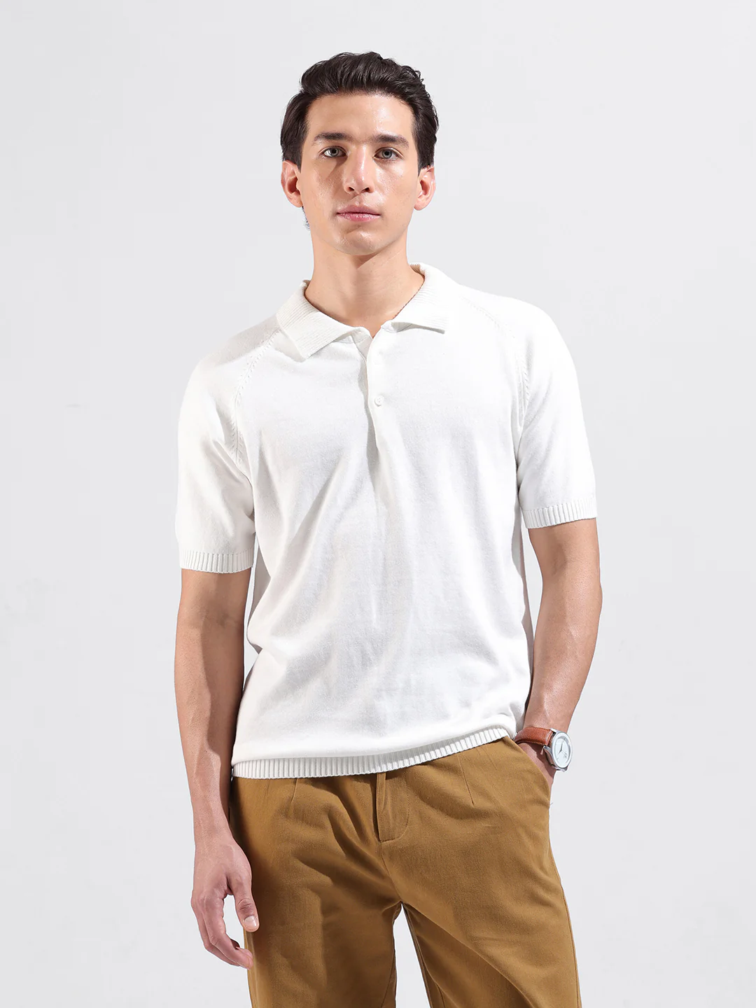 Men's White Slim Fit Solid Flat Knit T-Shirt - Image 2