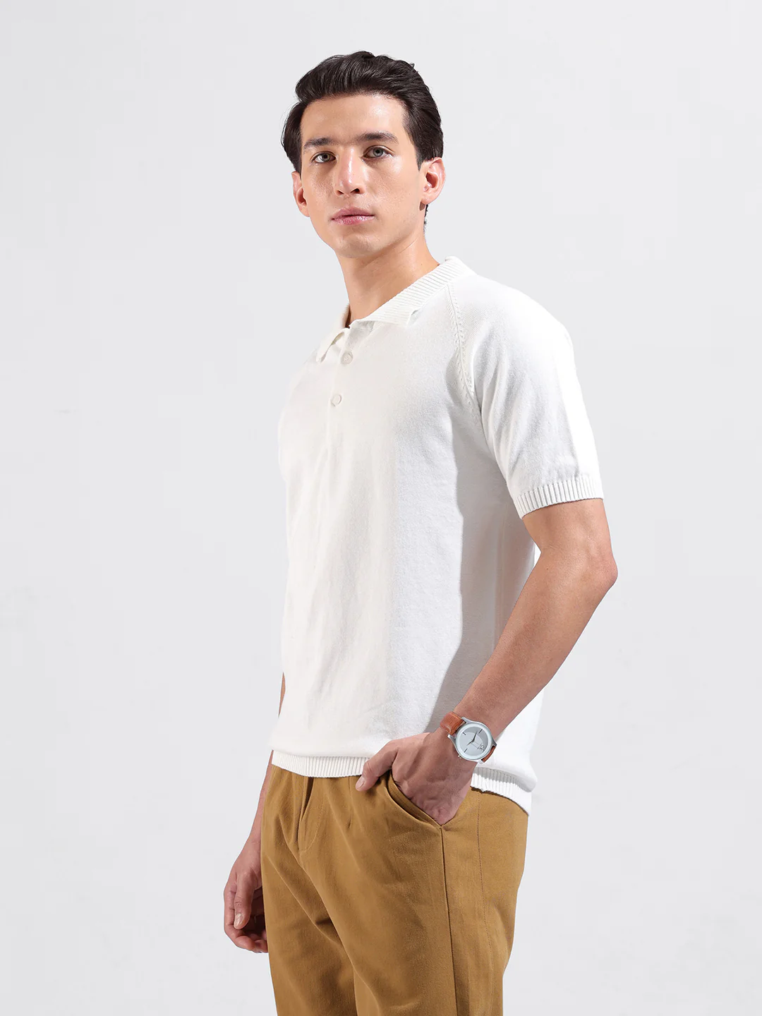 Men's White Slim Fit Solid Flat Knit T-Shirt - Image 5