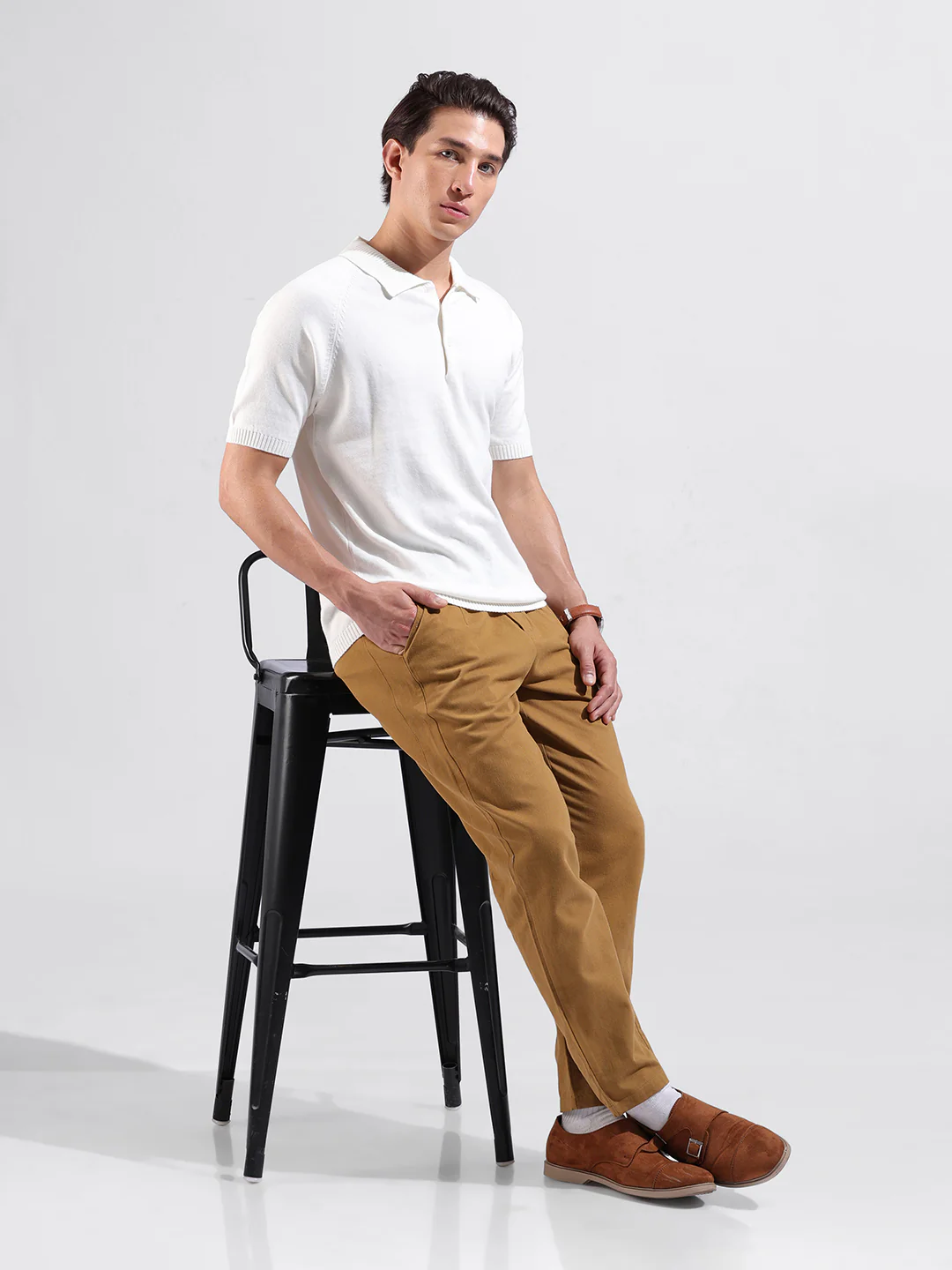 Men's White Slim Fit Solid Flat Knit T-Shirt - Image 6