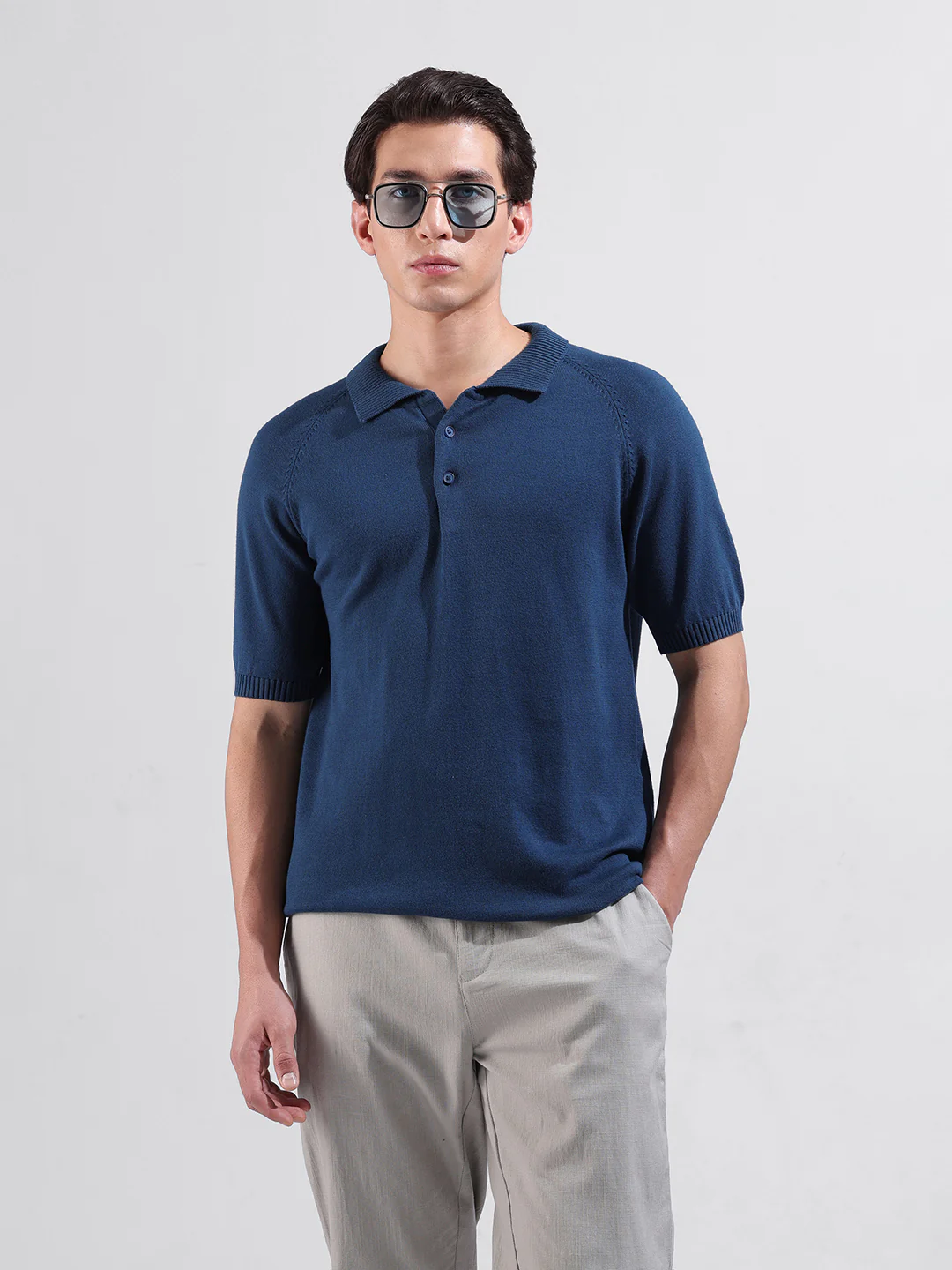 Men's Teal Slim Fit Solid Flat Knit T-Shirt - Image 2