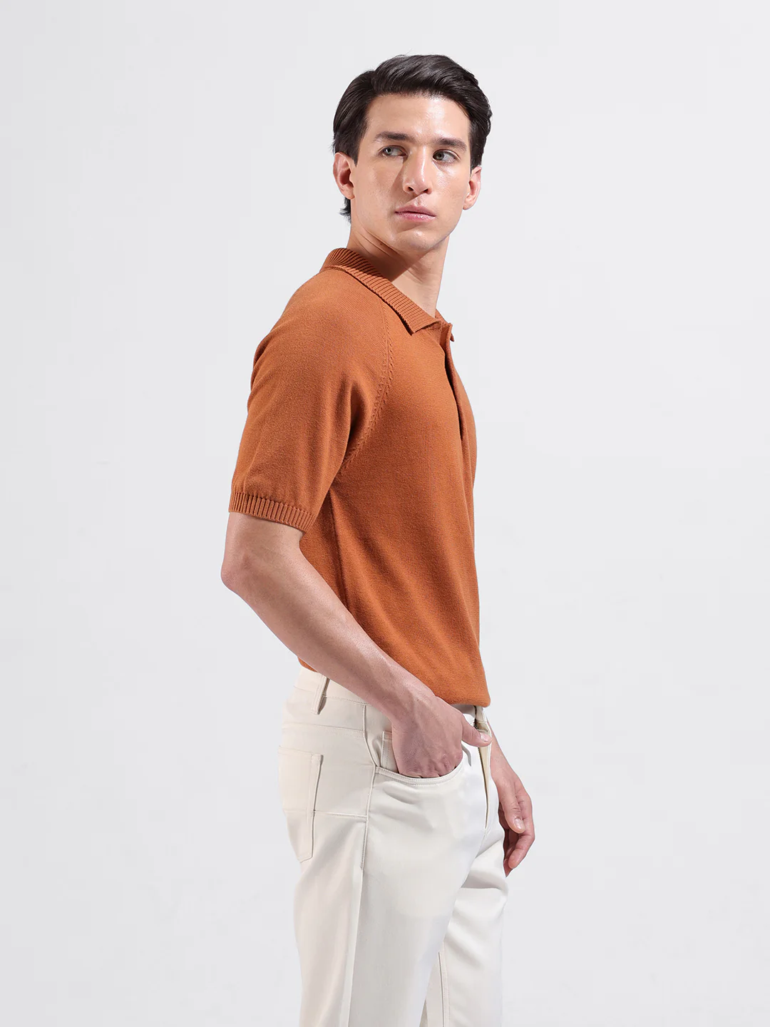 Men's Rust Slim Fit Striped Flat Knit T-Shirt - Image 2