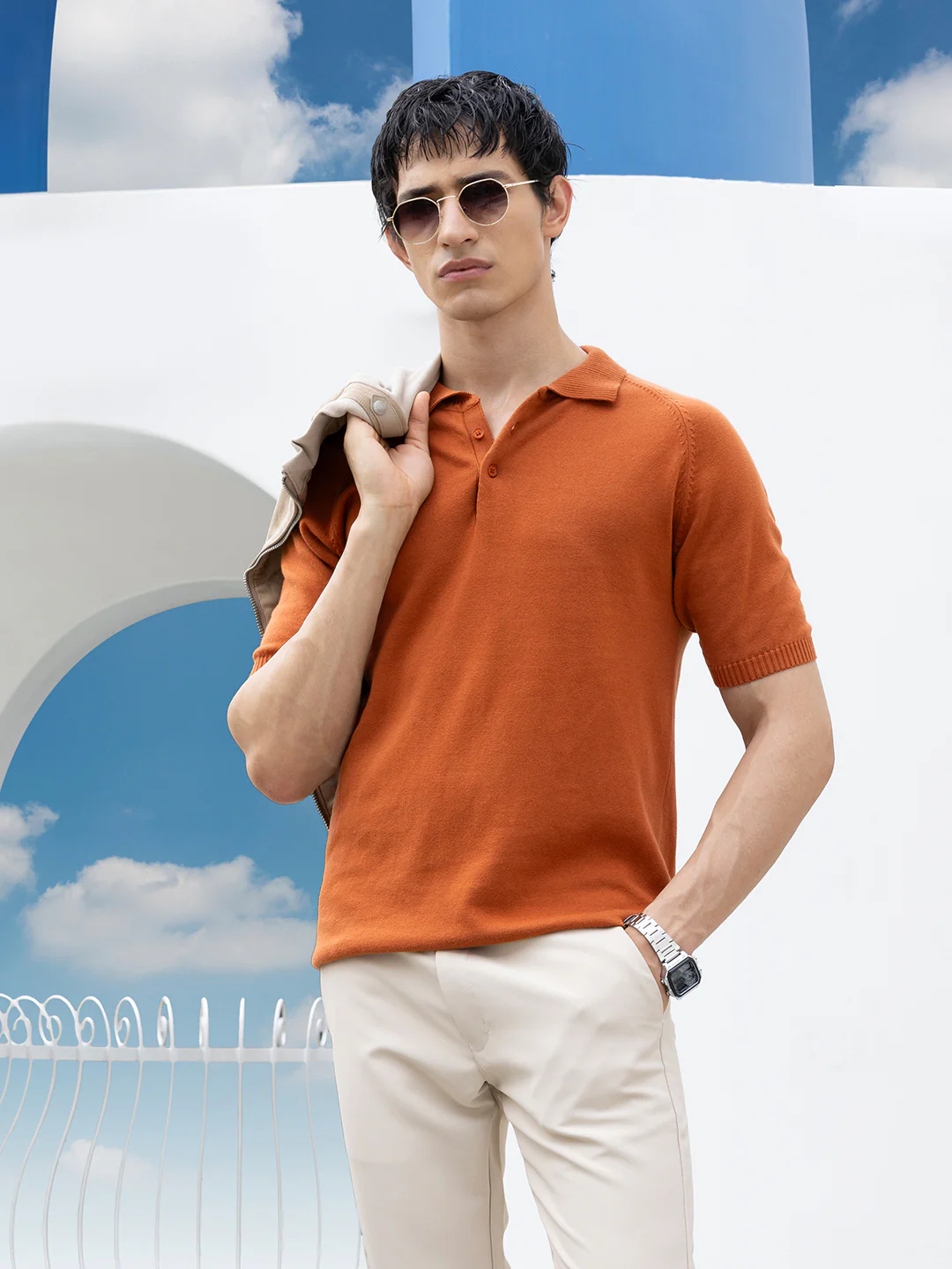 Men's Rust Slim Fit Striped Flat Knit T-Shirt - Image 8