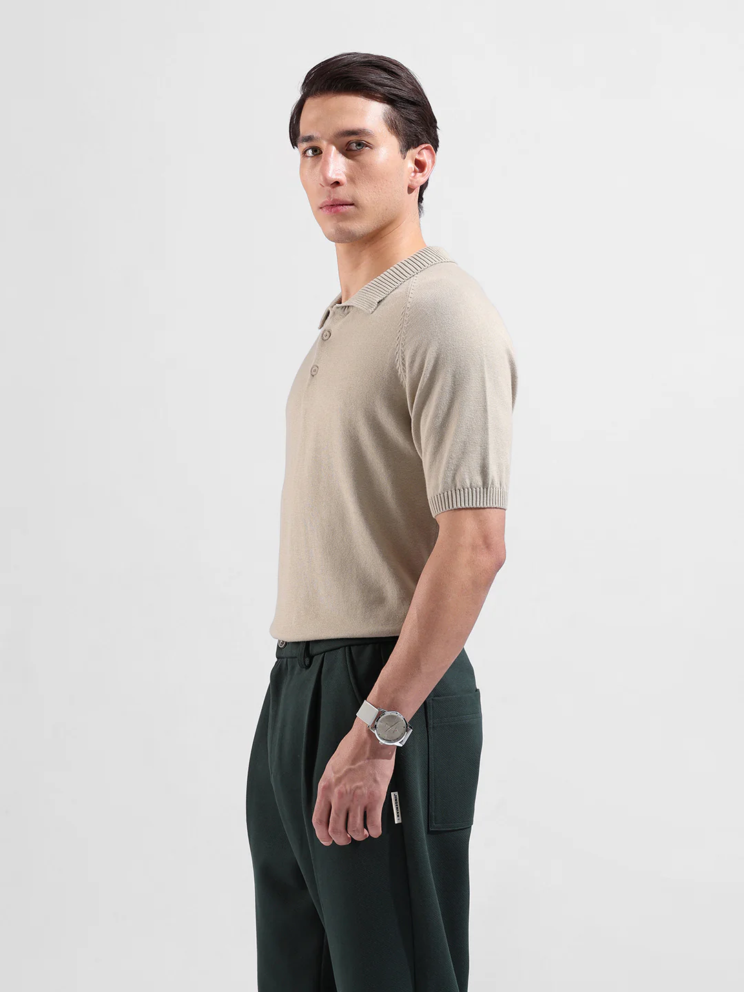 Men's Beige Slim Fit Solid Flat Knit T-Shirt - Image 4