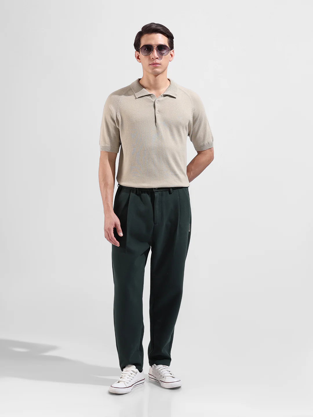 Men's Beige Slim Fit Solid Flat Knit T-Shirt - Image 5