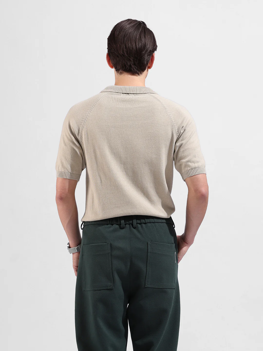 Men's Beige Slim Fit Solid Flat Knit T-Shirt - Image 6