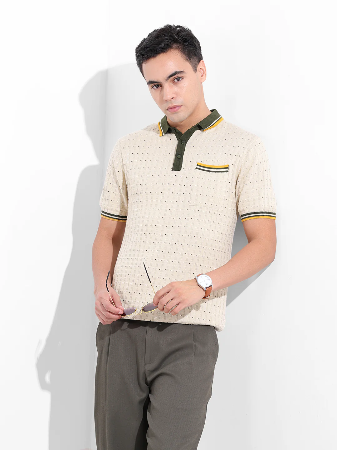 Men's Cream Slim Fit Striped Flat Knit T-Shirt - Image 2