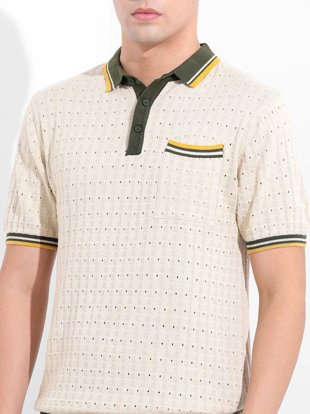 Men's Cream Slim Fit Striped Flat Knit T-Shirt - Image 3