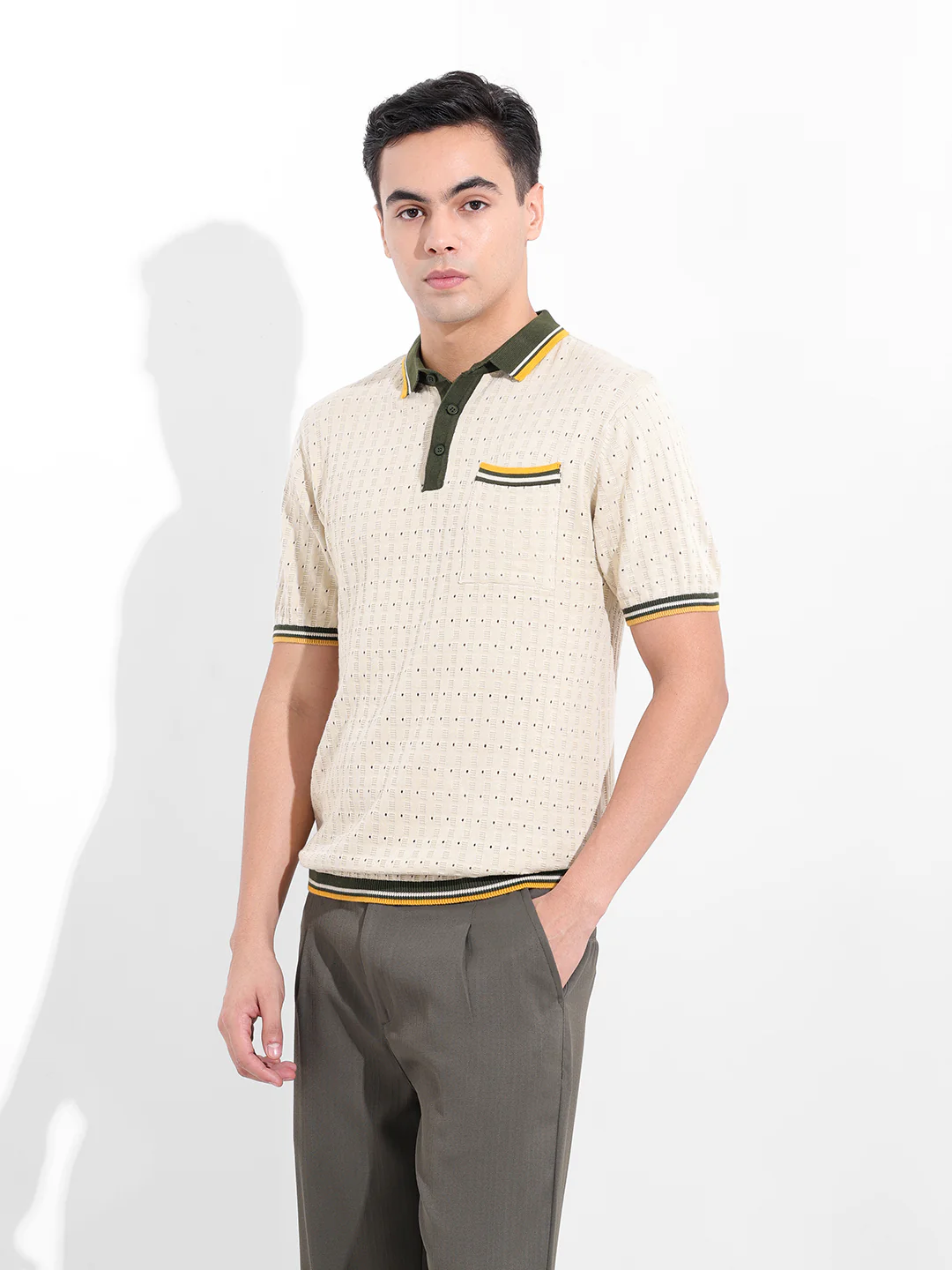Men's Cream Slim Fit Striped Flat Knit T-Shirt - Image 4
