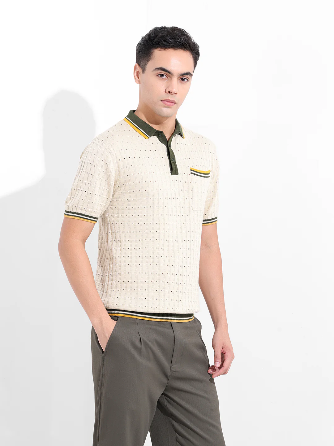 Men's Cream Slim Fit Striped Flat Knit T-Shirt - Image 5