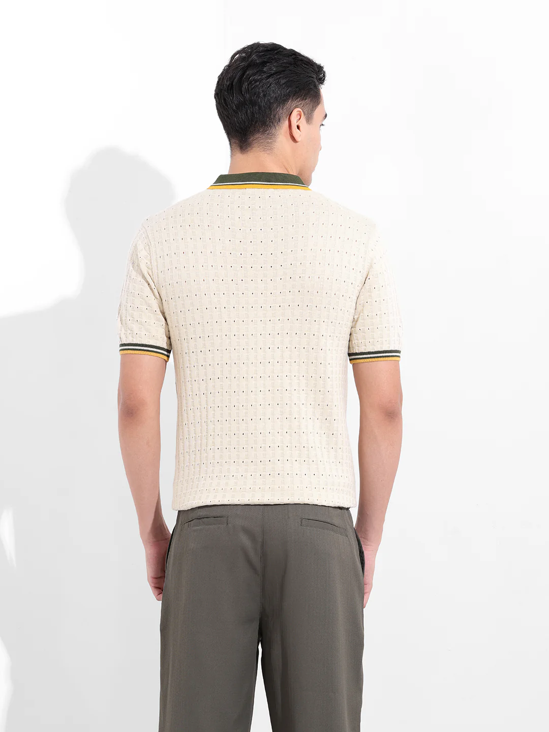 Men's Cream Slim Fit Striped Flat Knit T-Shirt - Image 6