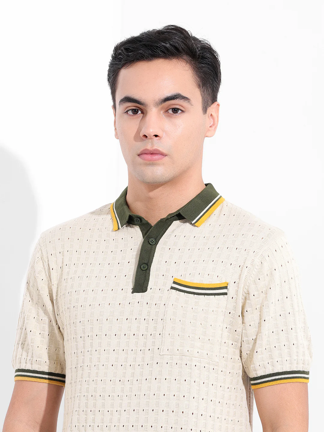 Men's Cream Slim Fit Striped Flat Knit T-Shirt - Image 7