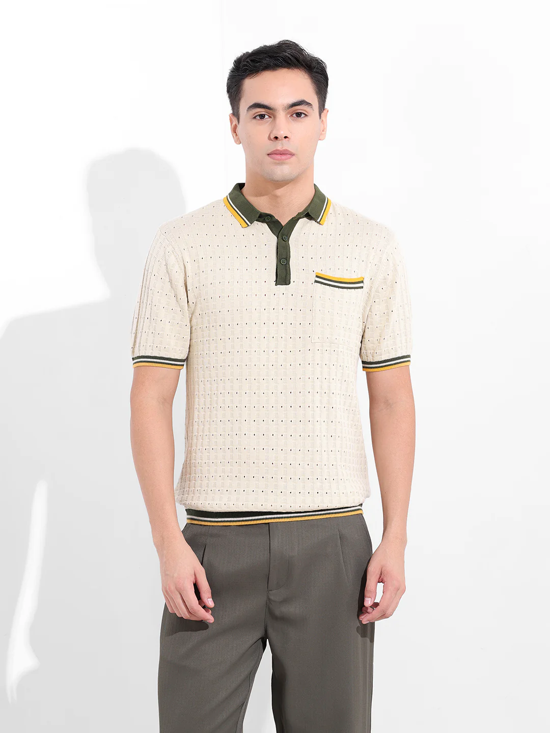 Men's Cream Slim Fit Striped Flat Knit T-Shirt - Image 8