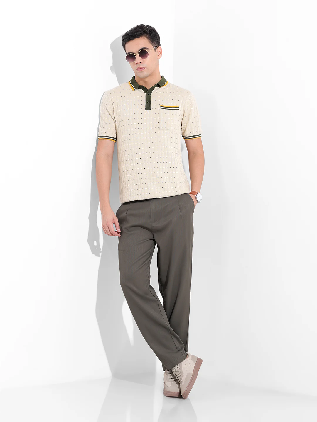 Men's Cream Slim Fit Striped Flat Knit T-Shirt - Image 9