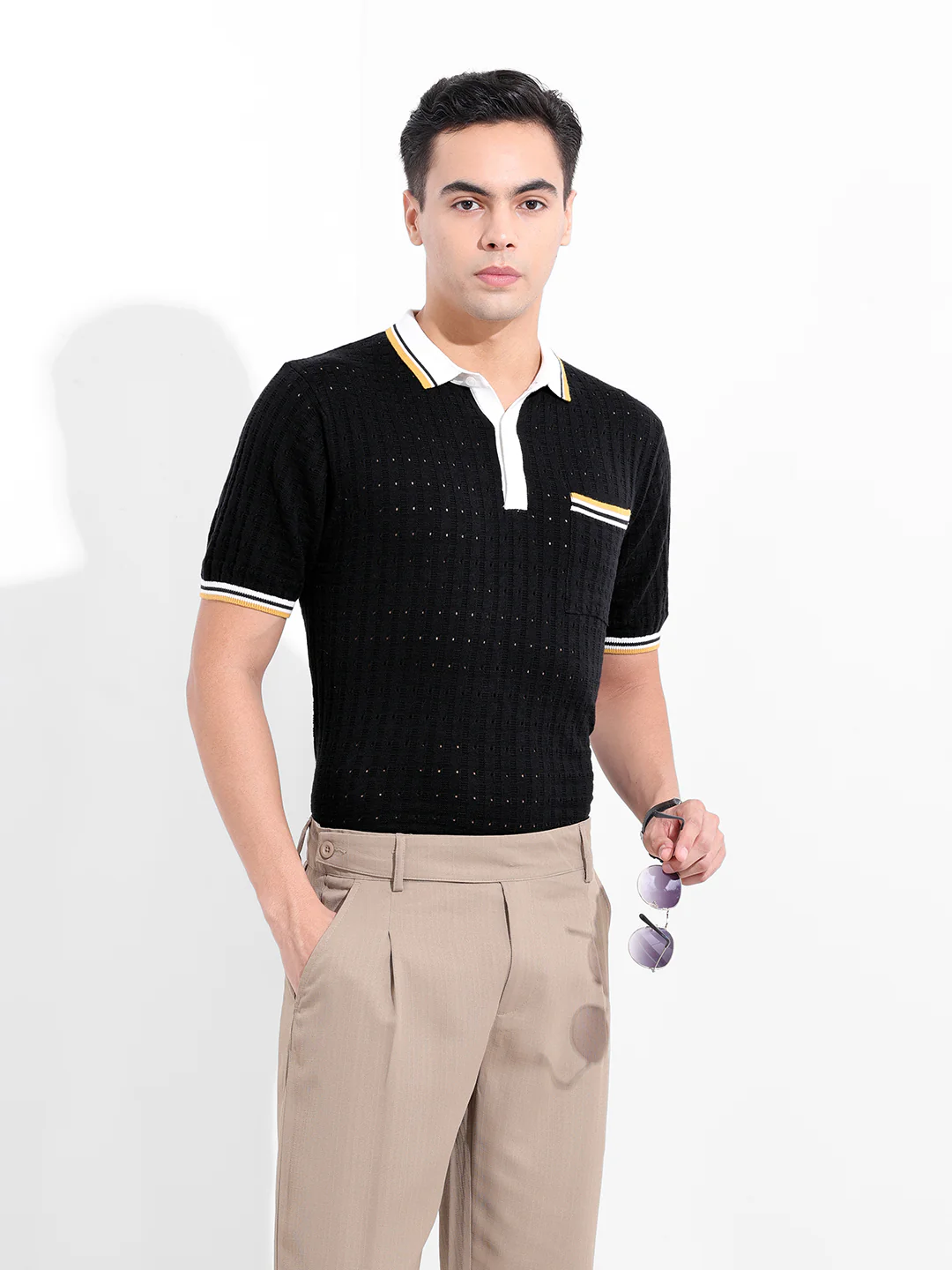 Men's Black Slim Fit Solid Flat Knit T-Shirt - Image 2