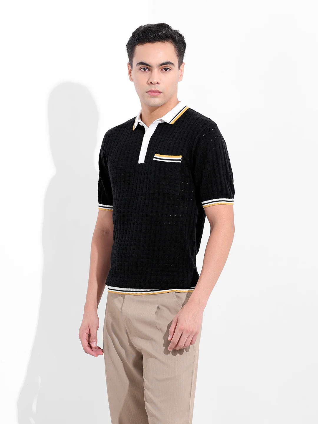Men's Black Slim Fit Solid Flat Knit T-Shirt - Image 4