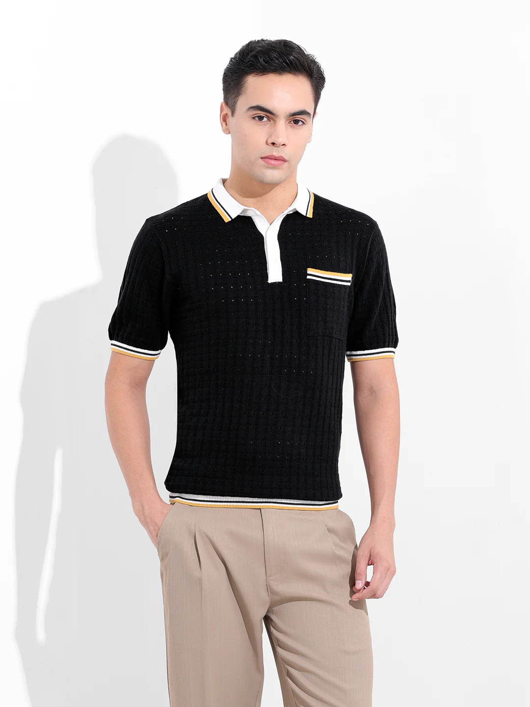 Men's Black Slim Fit Solid Flat Knit T-Shirt - Image 8