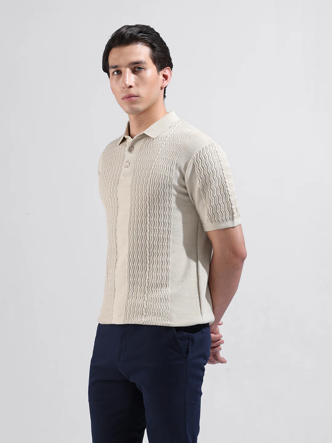 Men's Cream Slim Fit Striped Flat Knit T-Shirt - Image 2