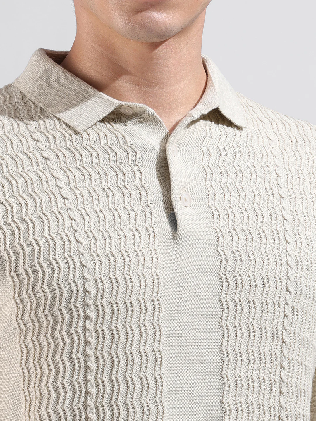 Men's Cream Slim Fit Striped Flat Knit T-Shirt - Image 3