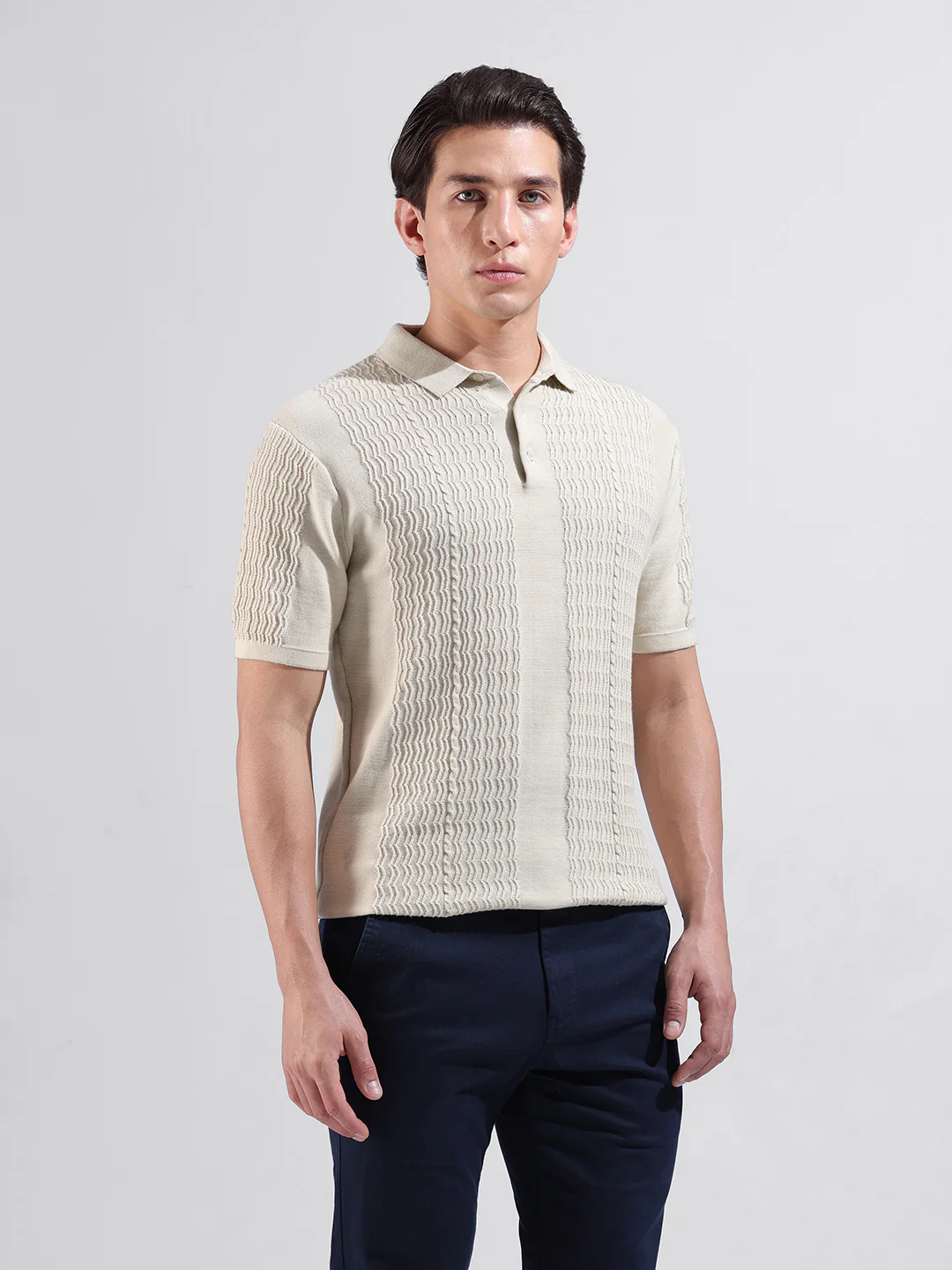 Men's Cream Slim Fit Striped Flat Knit T-Shirt - Image 4