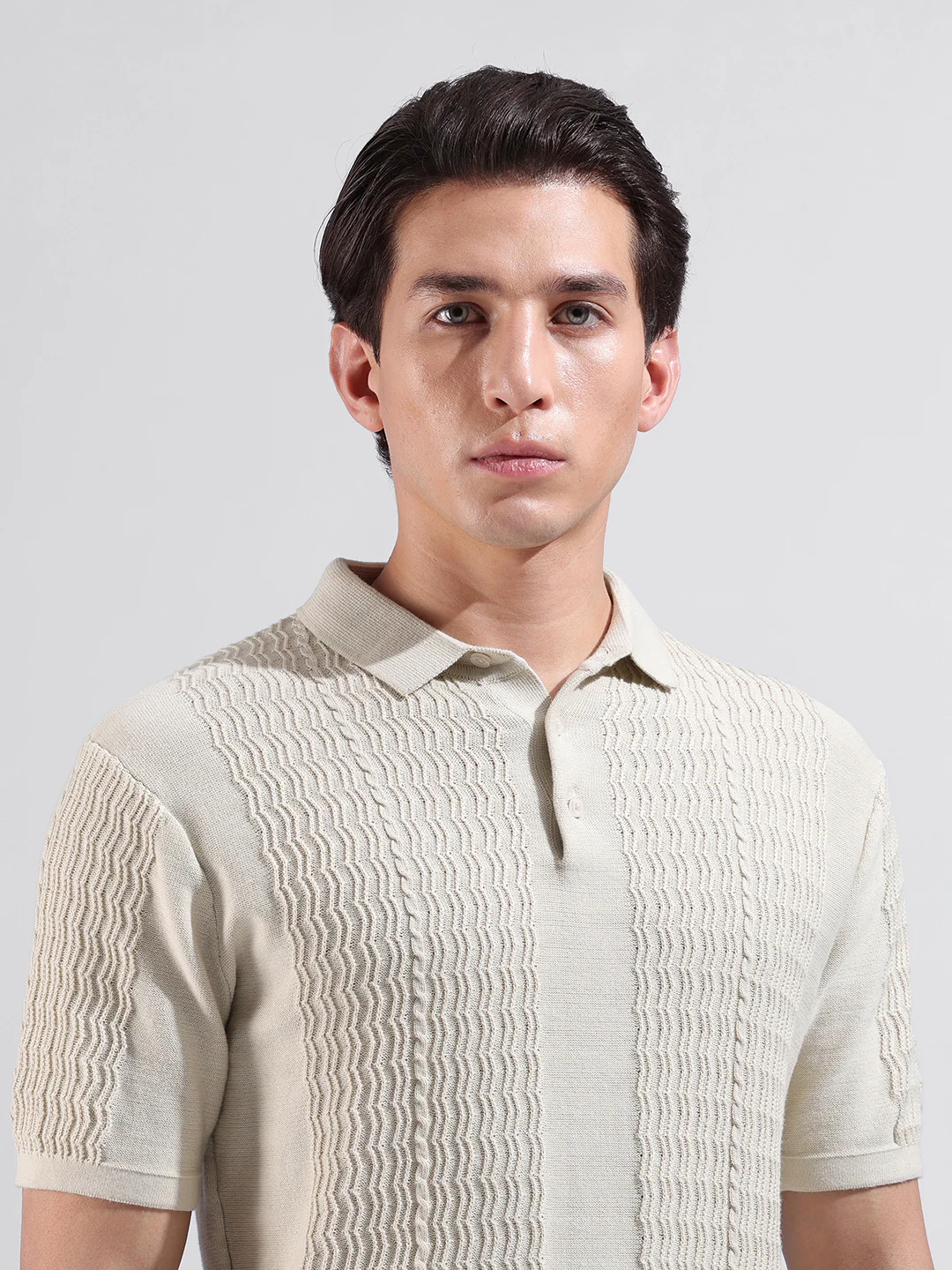 Men's Cream Slim Fit Striped Flat Knit T-Shirt - Image 5