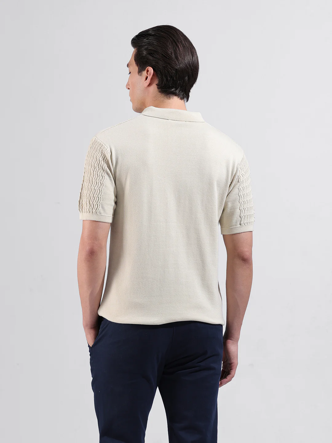 Men's Cream Slim Fit Striped Flat Knit T-Shirt - Image 6