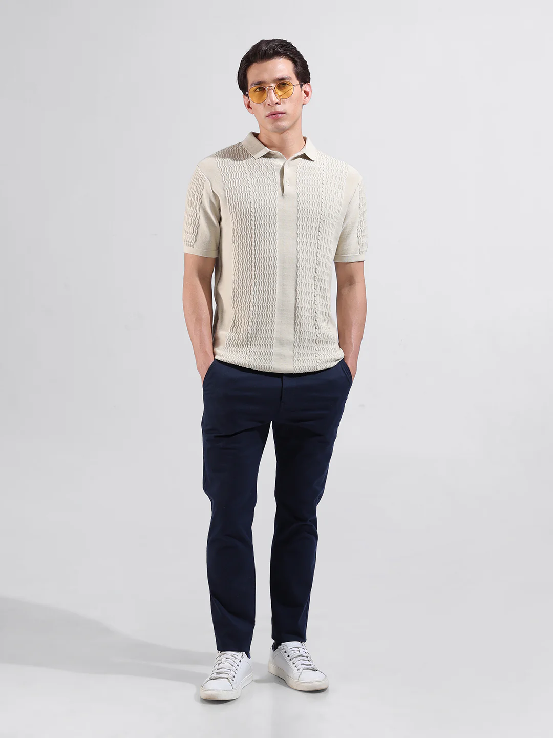 Men's Cream Slim Fit Striped Flat Knit T-Shirt - Image 7