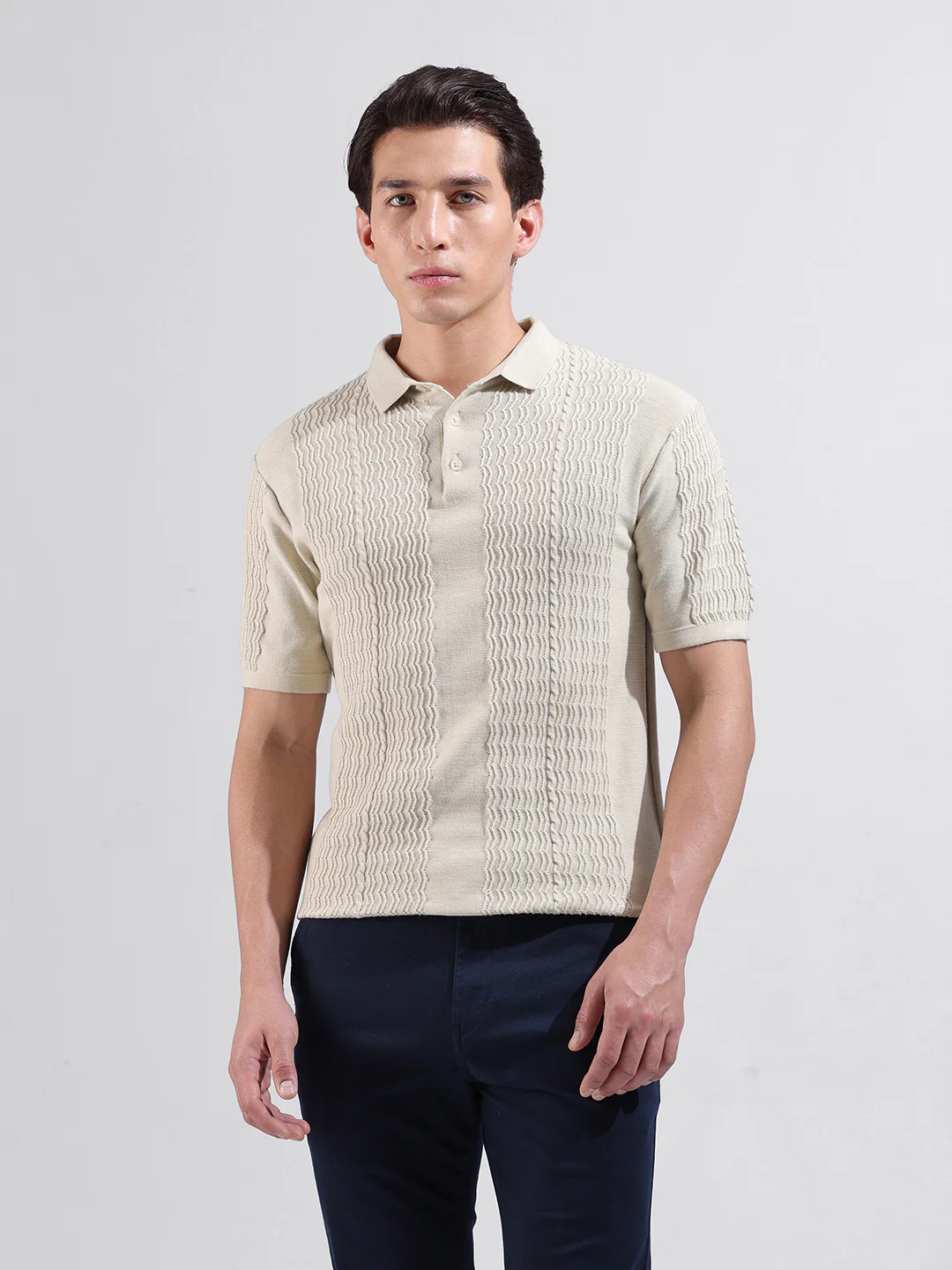 Men's Cream Slim Fit Striped Flat Knit T-Shirt - Image 8