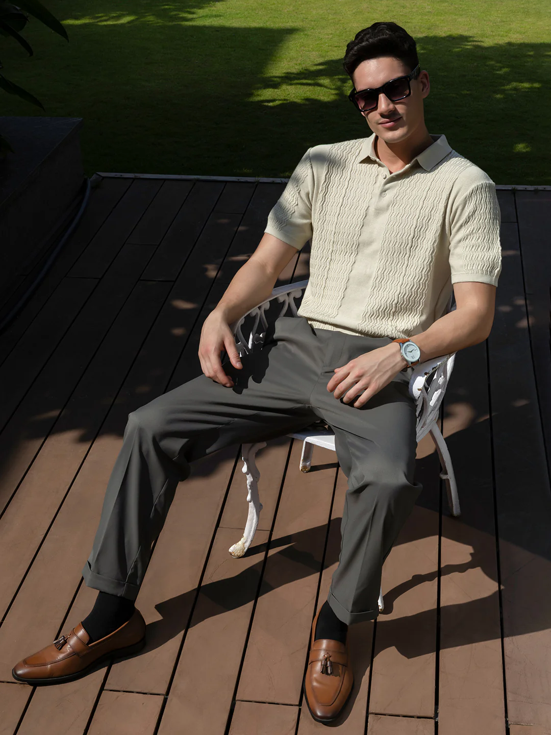 Men's Cream Slim Fit Striped Flat Knit T-Shirt - Image 9