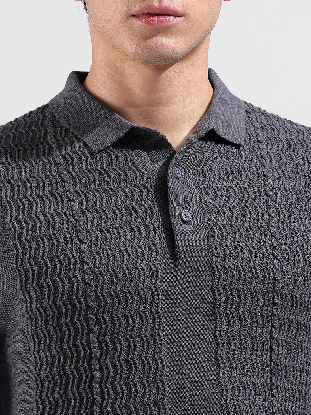 Men's Grey Slim Fit Solid Flat Knit T-Shirt - Image 3