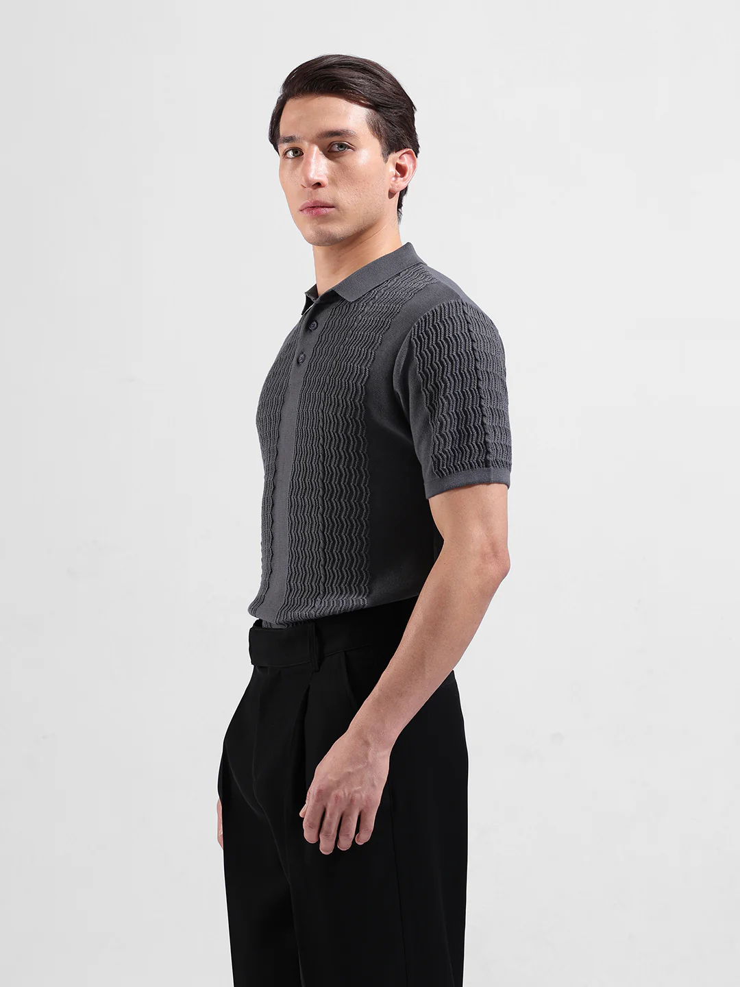Men's Grey Slim Fit Solid Flat Knit T-Shirt - Image 5