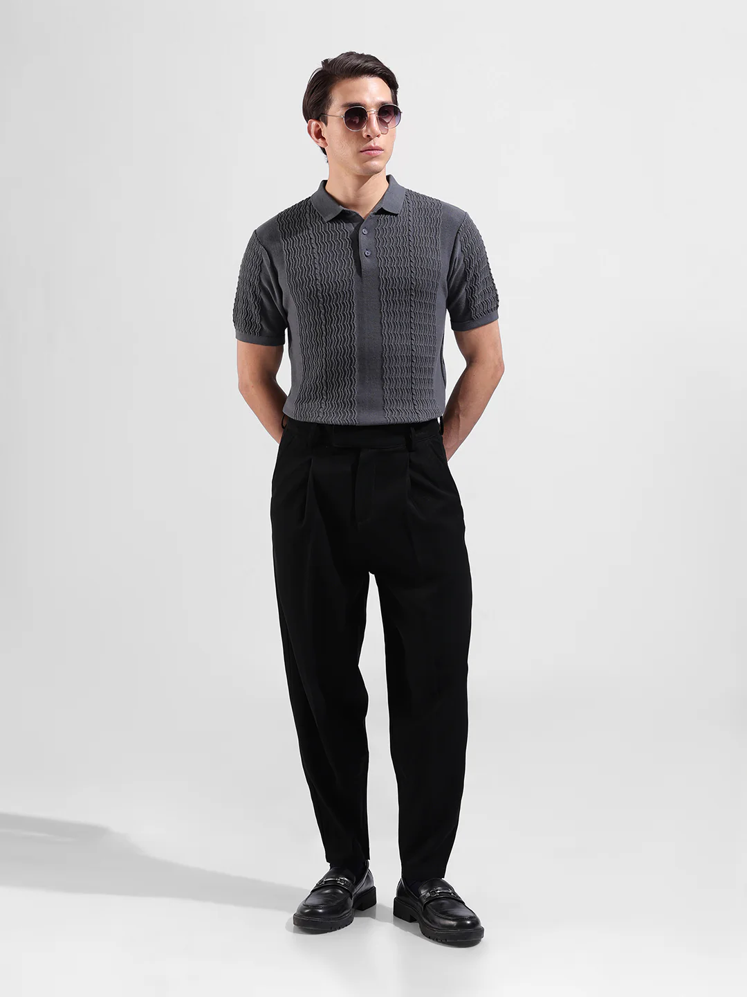 Men's Grey Slim Fit Solid Flat Knit T-Shirt - Image 6