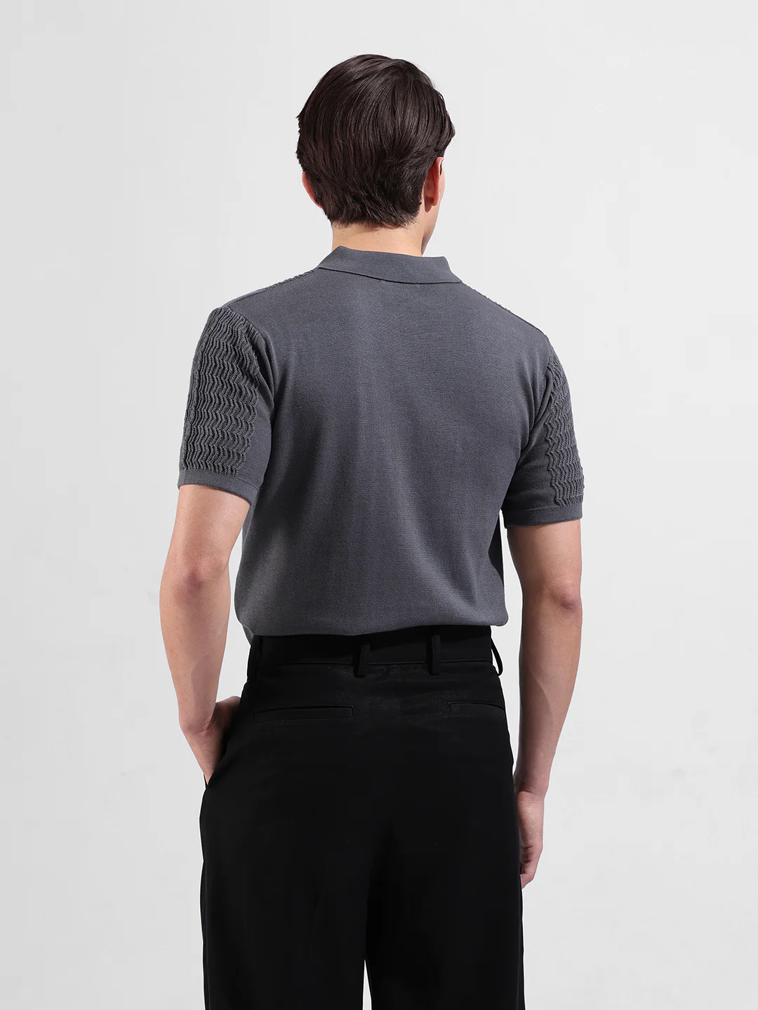 Men's Grey Slim Fit Solid Flat Knit T-Shirt - Image 7