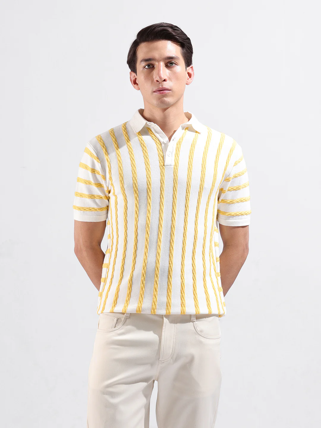 Men's White Slim Fit Striped Flat Knit T-Shirt - Image 2