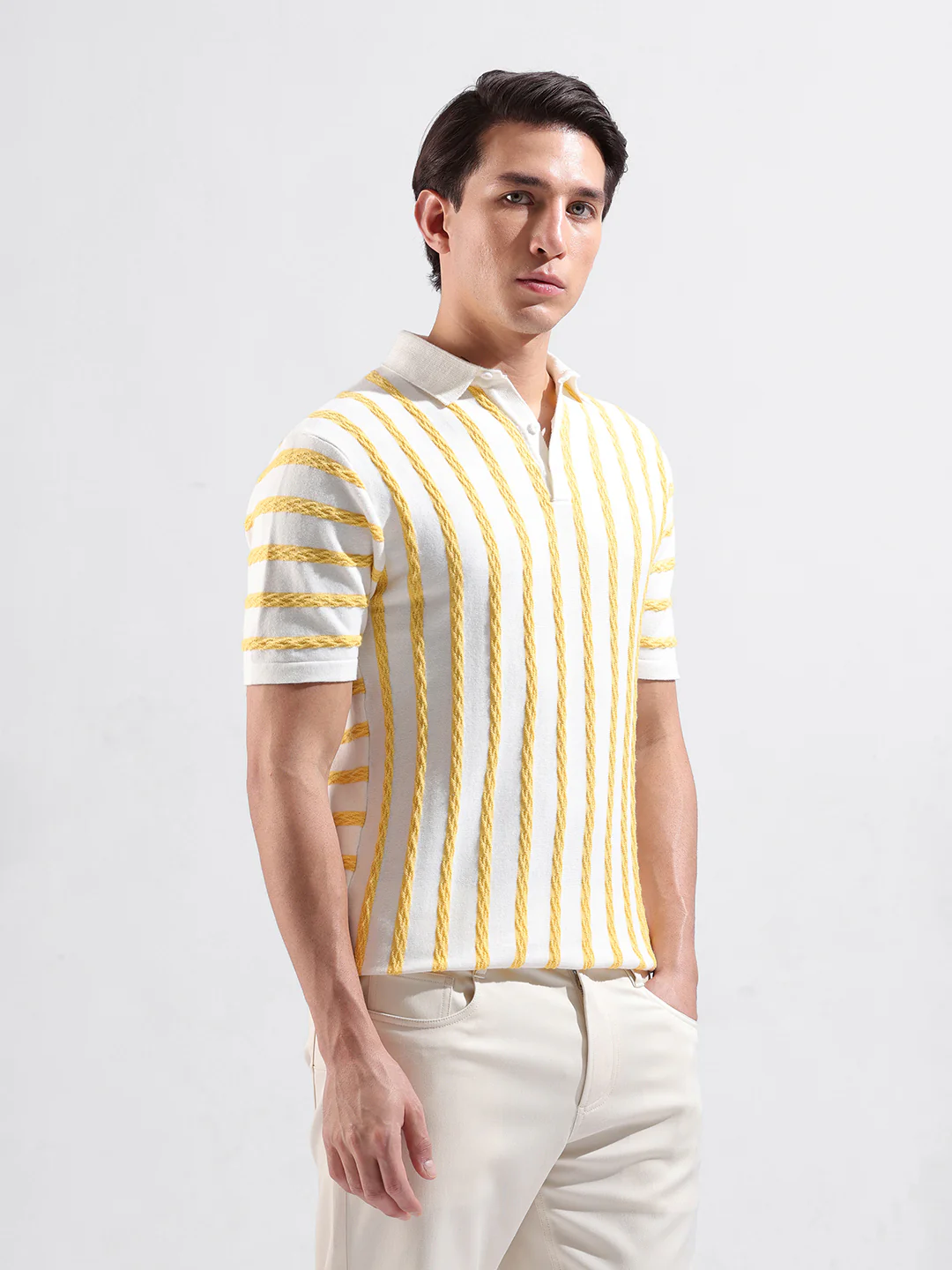 Men's White Slim Fit Striped Flat Knit T-Shirt - Image 3