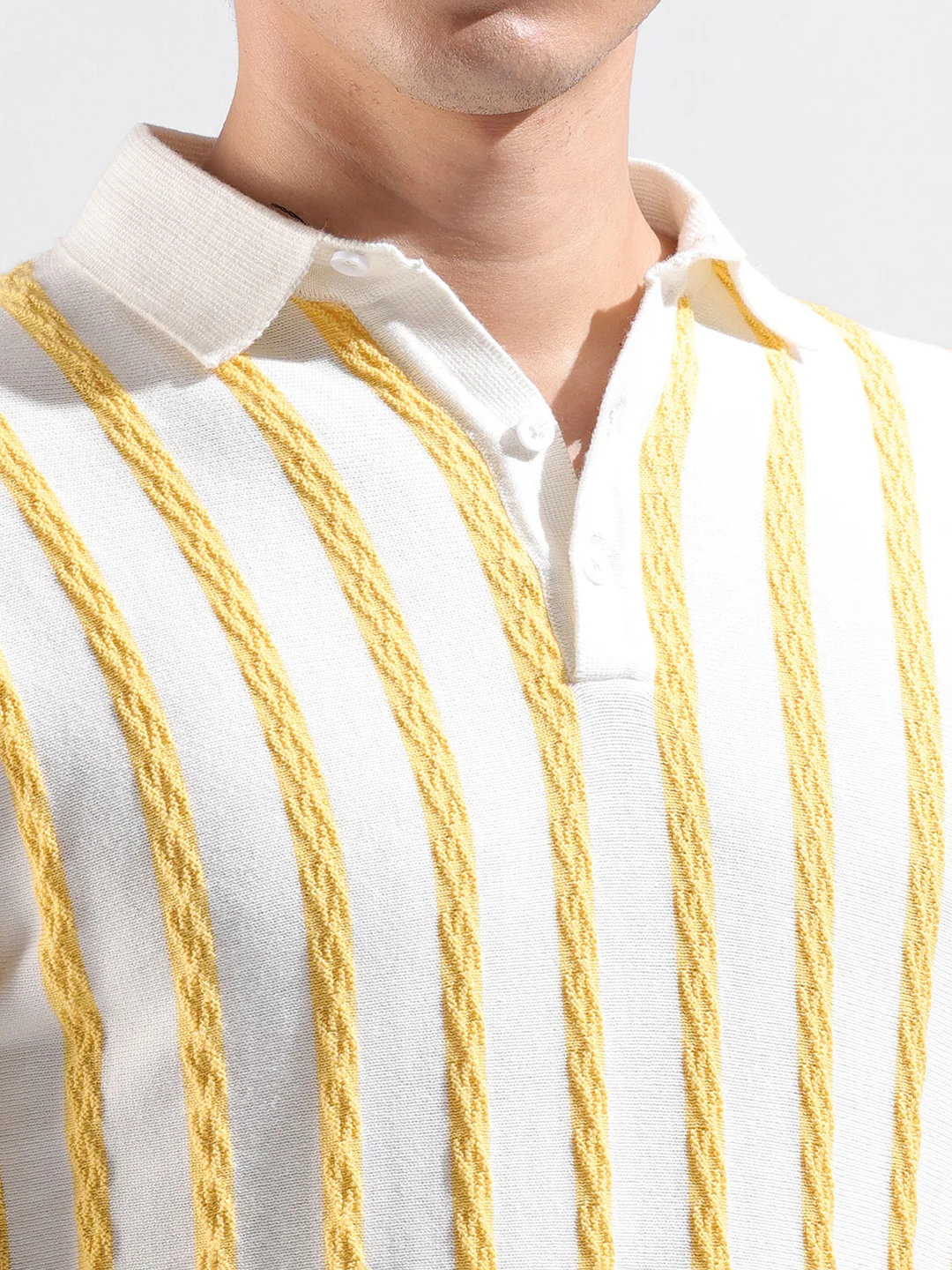 Men's White Slim Fit Striped Flat Knit T-Shirt - Image 4