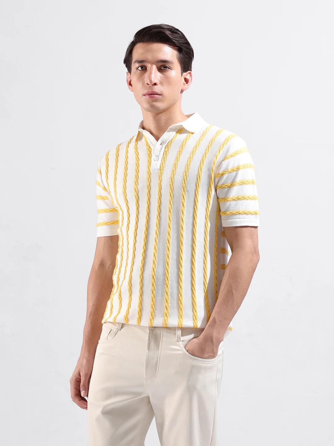 Men's White Slim Fit Striped Flat Knit T-Shirt - Image 5