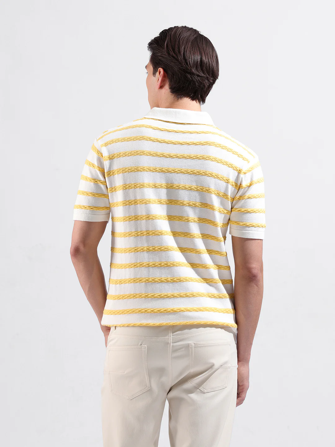 Men's White Slim Fit Striped Flat Knit T-Shirt - Image 6