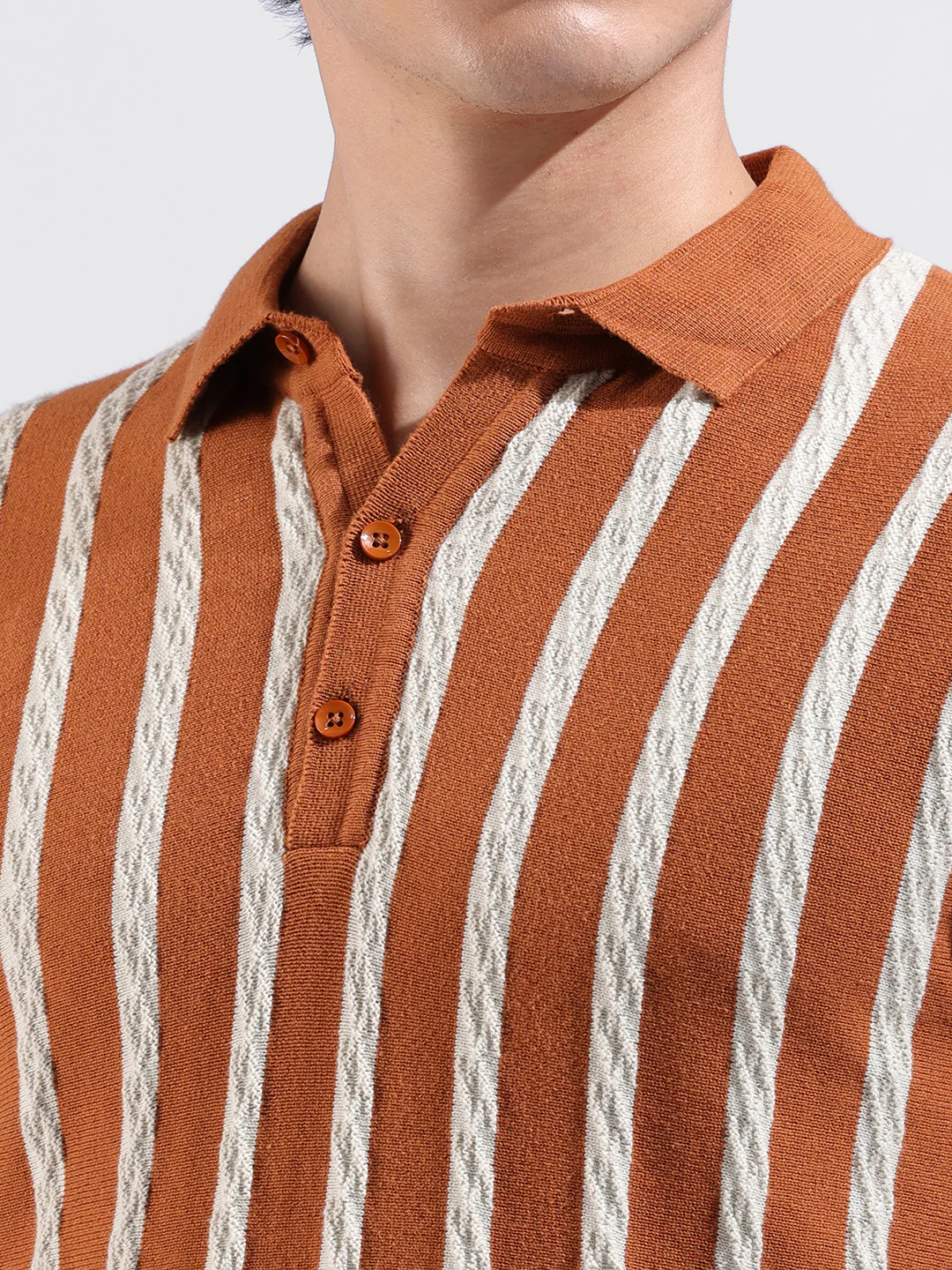Men's Rust Slim Fit Striped Flat Knit T-Shirt - Image 3