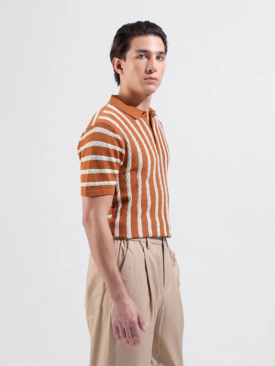 Men's Rust Slim Fit Striped Flat Knit T-Shirt - Image 4