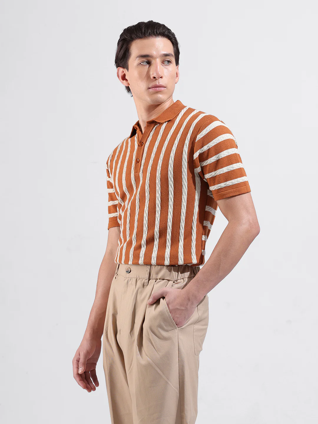 Men's Rust Slim Fit Striped Flat Knit T-Shirt - Image 5