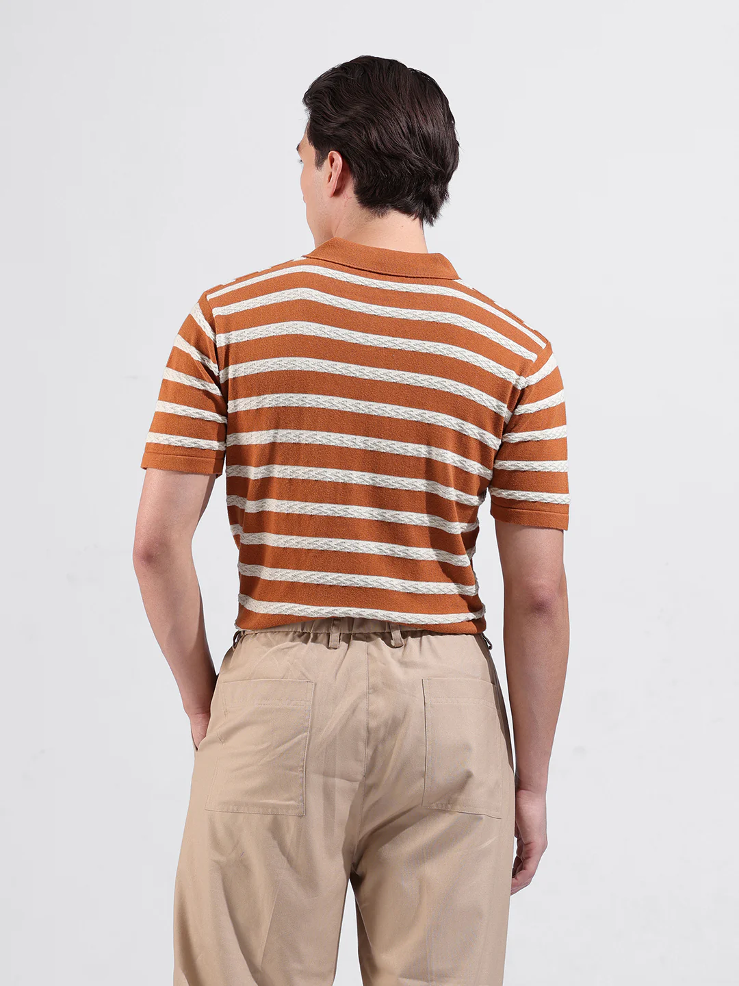 Men's Rust Slim Fit Striped Flat Knit T-Shirt - Image 6