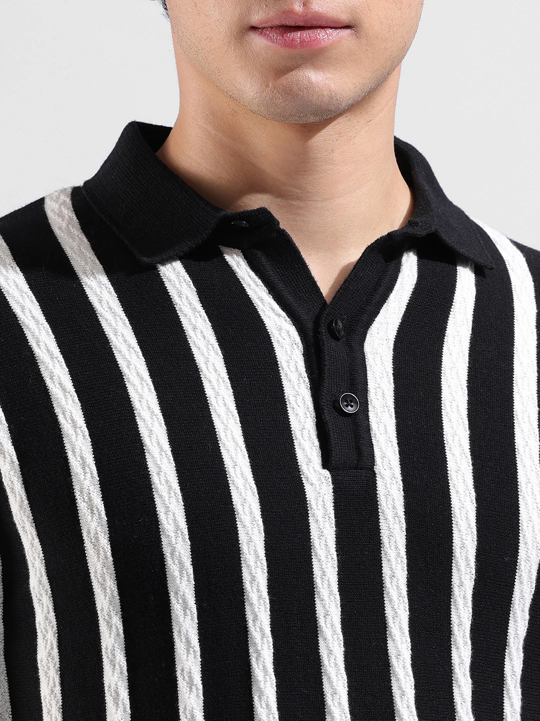 Men's Black Slim Fit Striped Flat Knit T-Shirt - Image 3