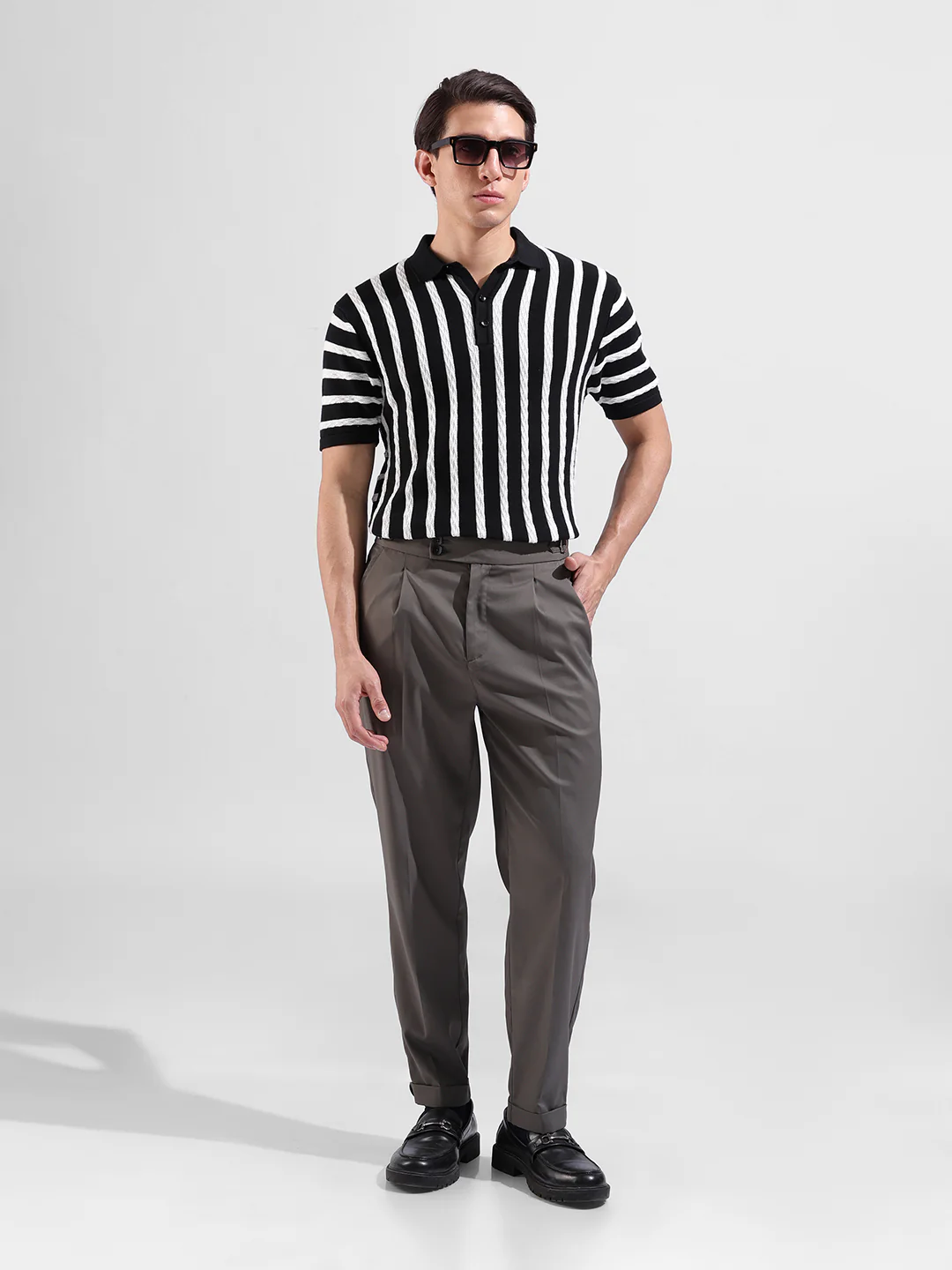 Men's Black Slim Fit Striped Flat Knit T-Shirt - Image 5