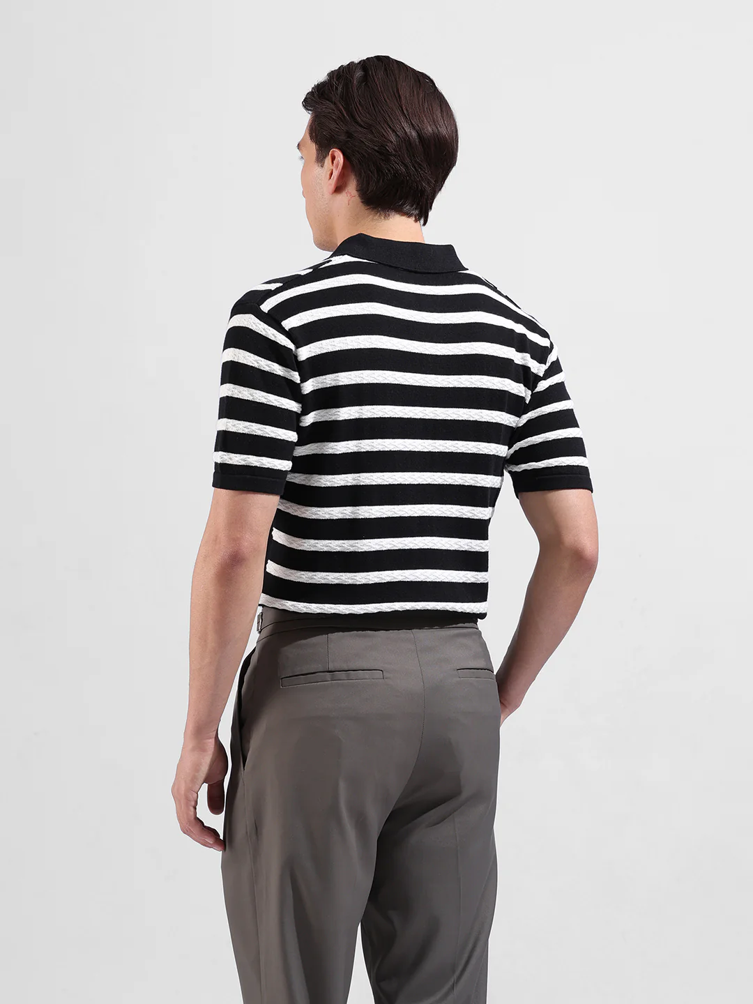 Men's Black Slim Fit Striped Flat Knit T-Shirt - Image 6