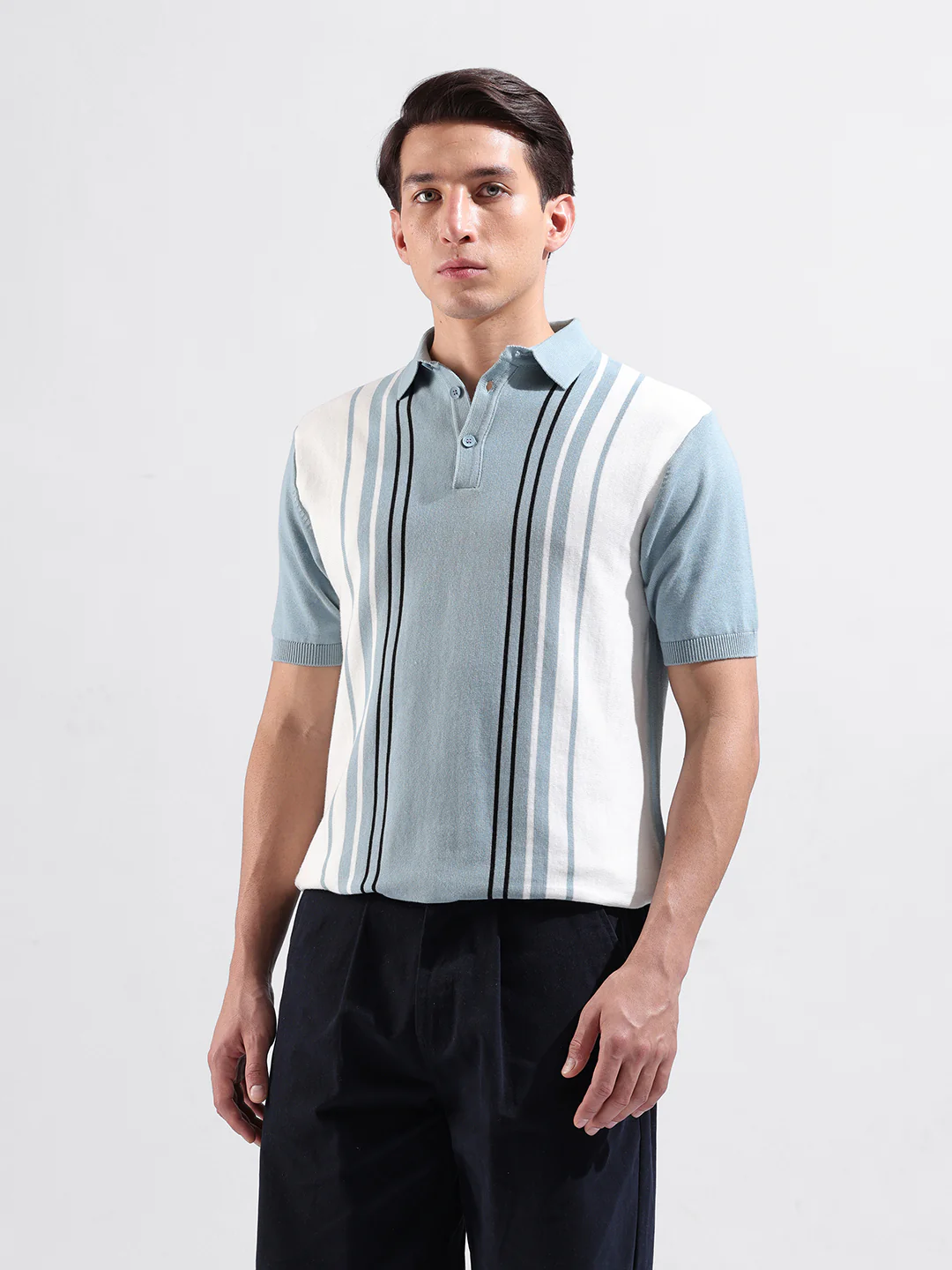 Men's Blue Slim Fit Striped Flat Knit T-Shirt - Image 2