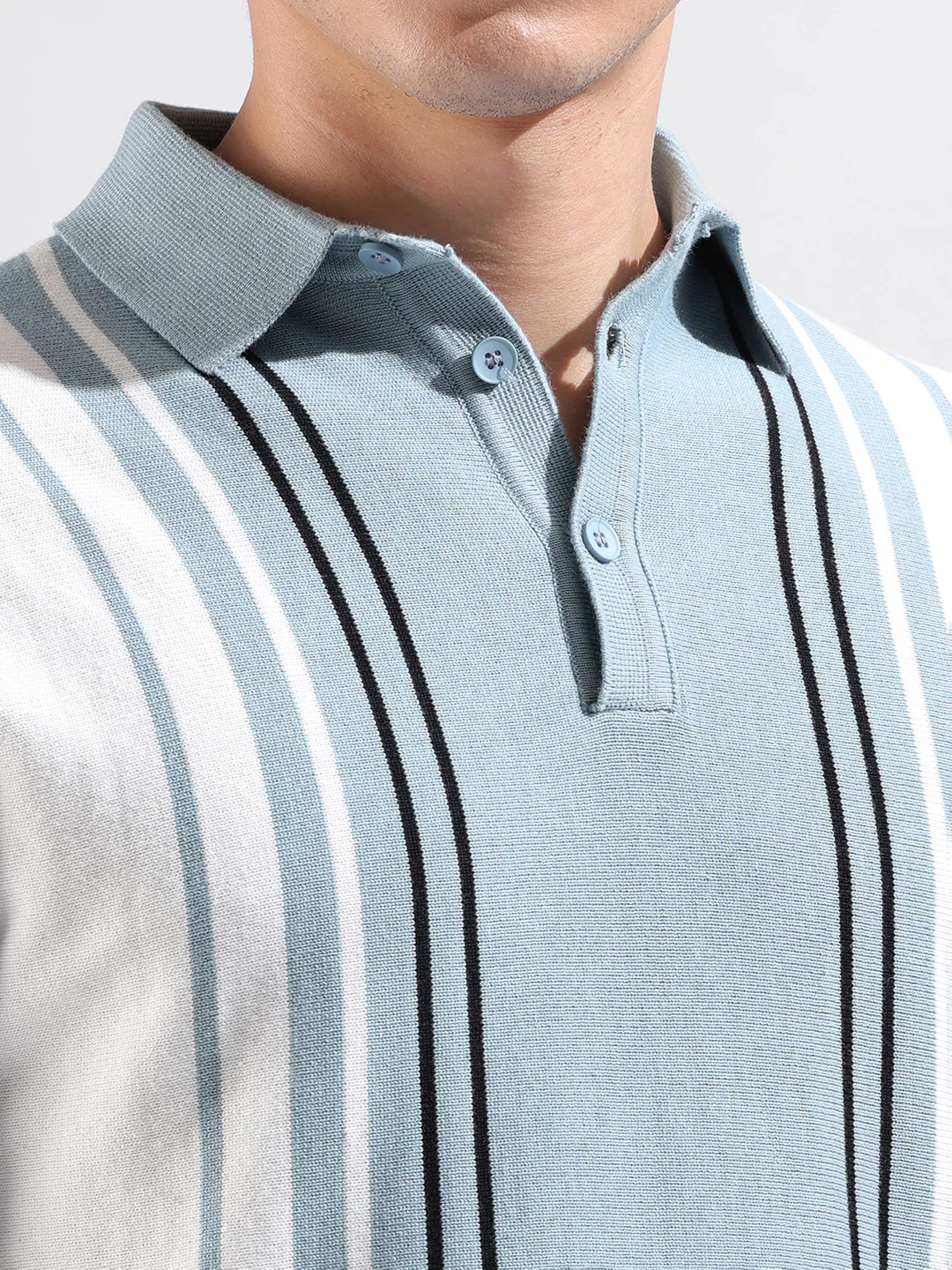 Men's Blue Slim Fit Striped Flat Knit T-Shirt - Image 3