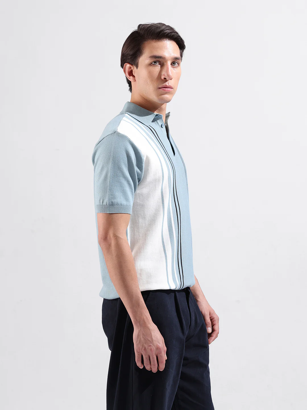Men's Blue Slim Fit Striped Flat Knit T-Shirt - Image 4