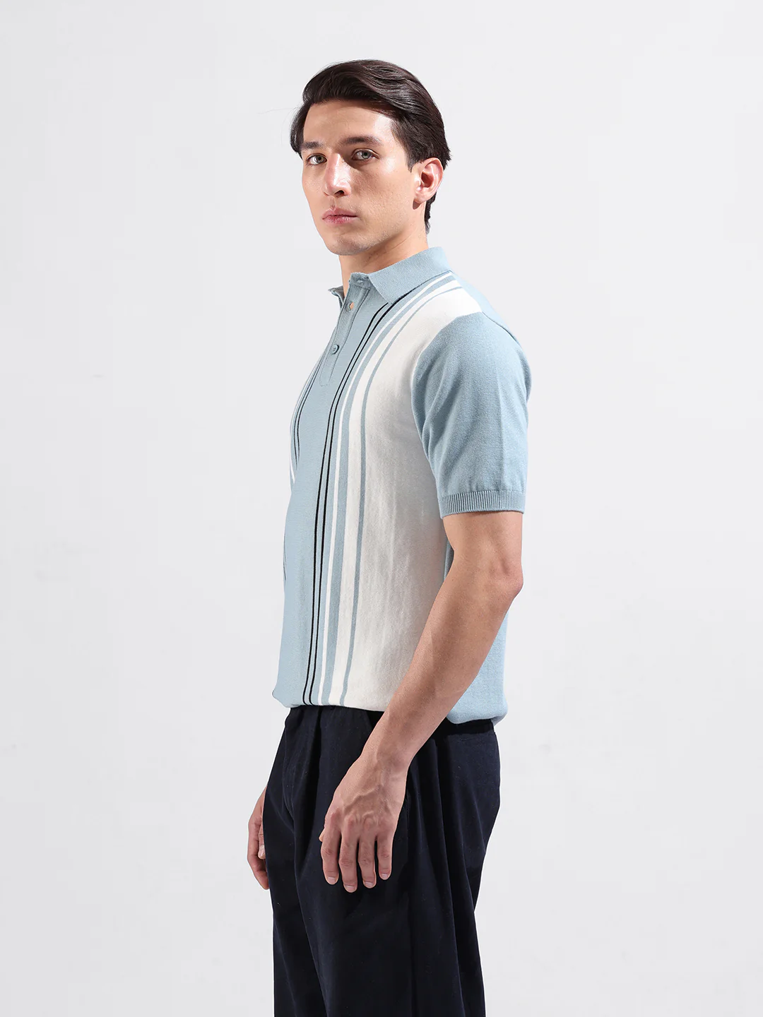 Men's Blue Slim Fit Striped Flat Knit T-Shirt - Image 5