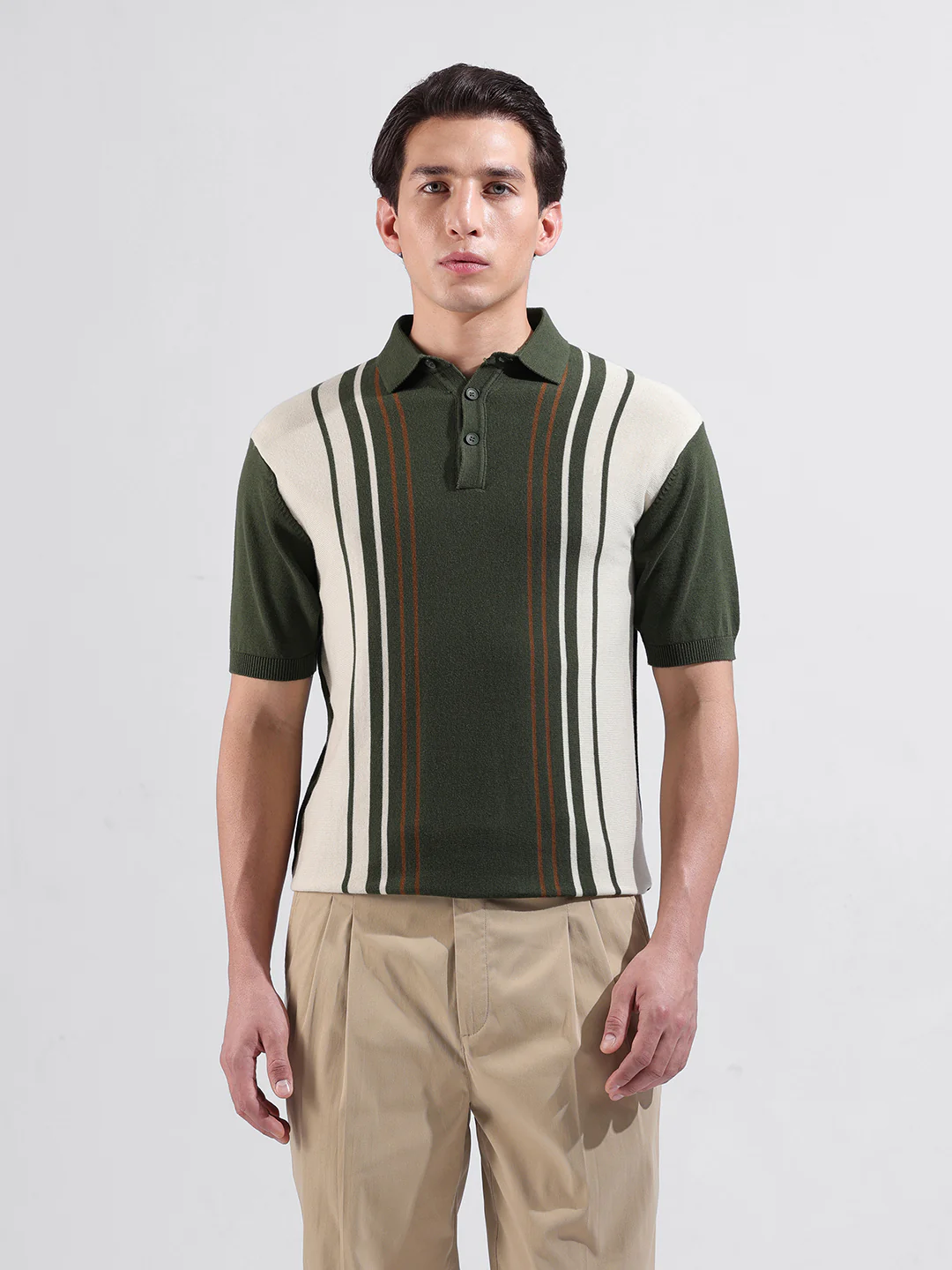 Men's Green Slim Fit Striped Flat Knit T-Shirt - Image 10
