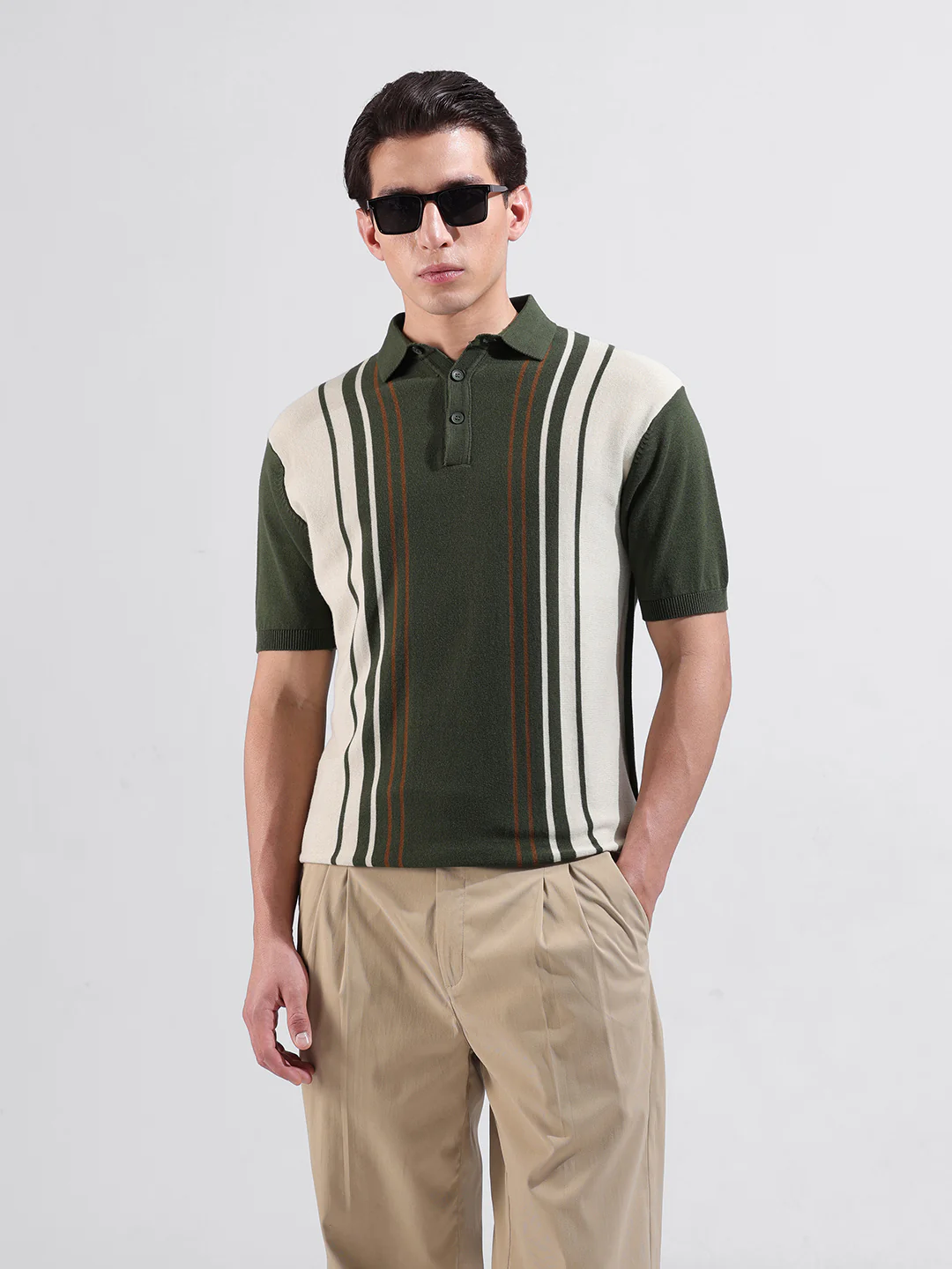 Men's Green Slim Fit Striped Flat Knit T-Shirt - Image 2